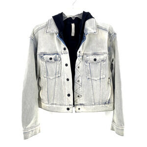 Athleta Double Time Denim Jacket Hooded Vest Combo Womens‎ Sz S Acid Wash/Black